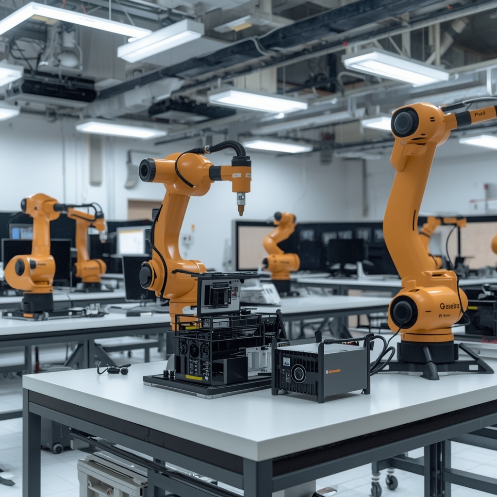 Advanced robotics research laboratory with collaborative robots equipped with vision sensors and AI processing units on workbenches